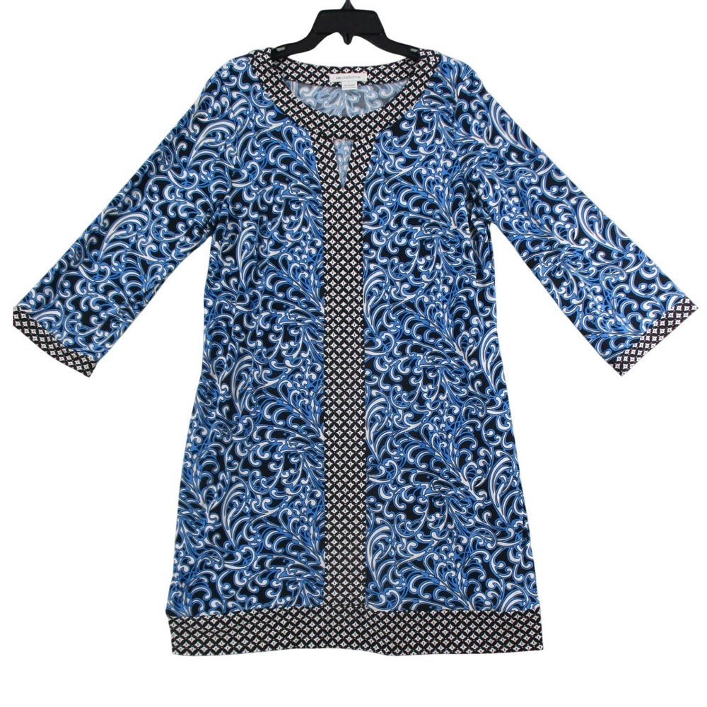 Liz Claiborne Womens Blue Scroll Paisley Print Shift Dress‎ 3/4 Sleeve Size L